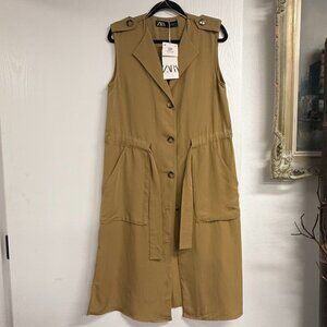 Zara Dress Butterscotch Khaki Mustard Buttoned Waistcoat Size S